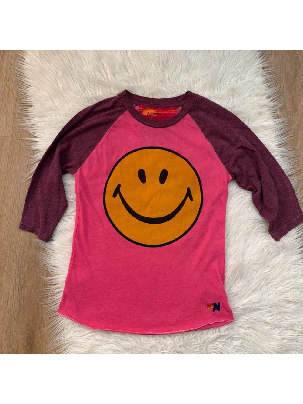 Aviator Nation Smiley face pink baseball tee size L